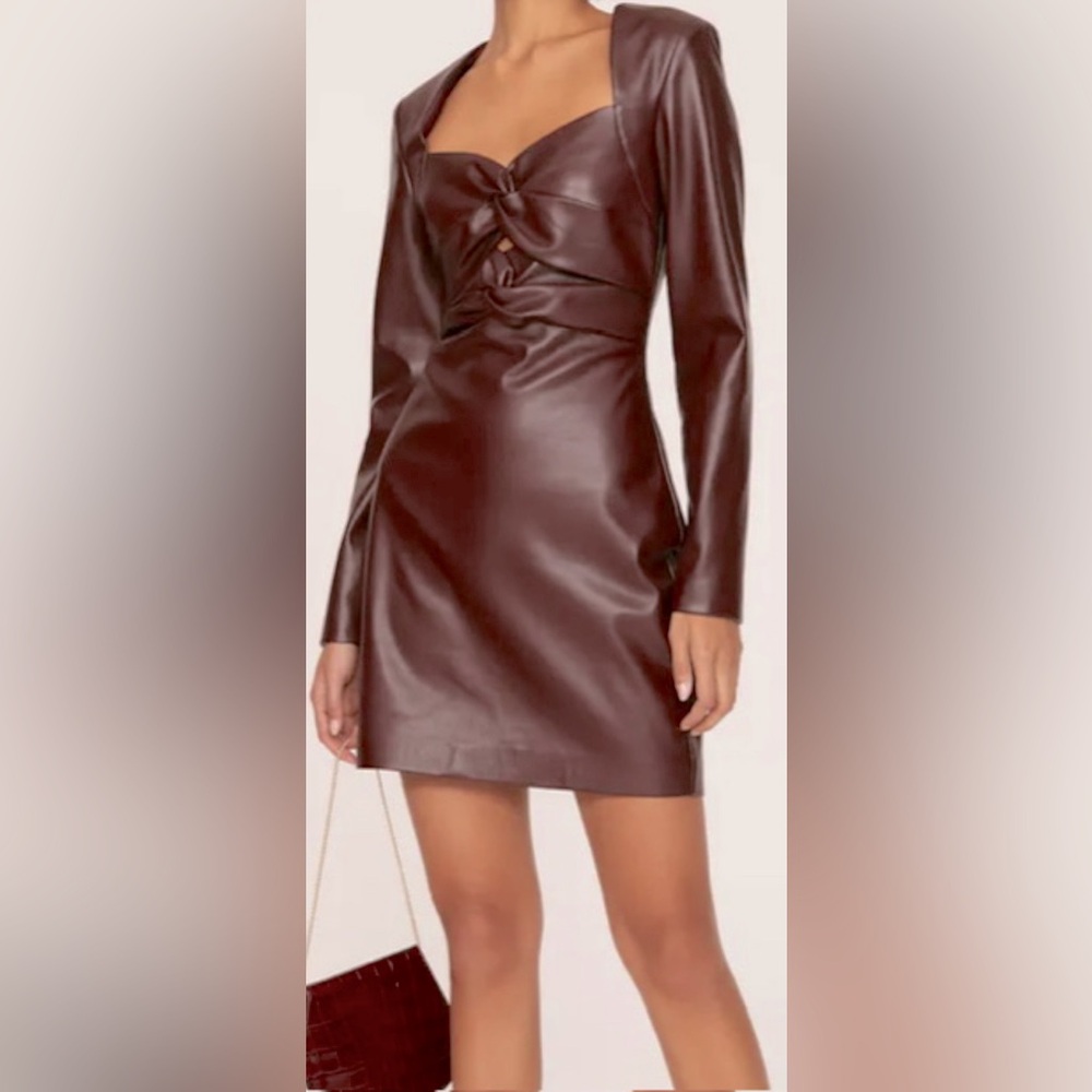 Faux Leather Raisin ColorTwist Mini Dress from One33 Social/Long Sleeve/Size 8 - Picture 2 of 10